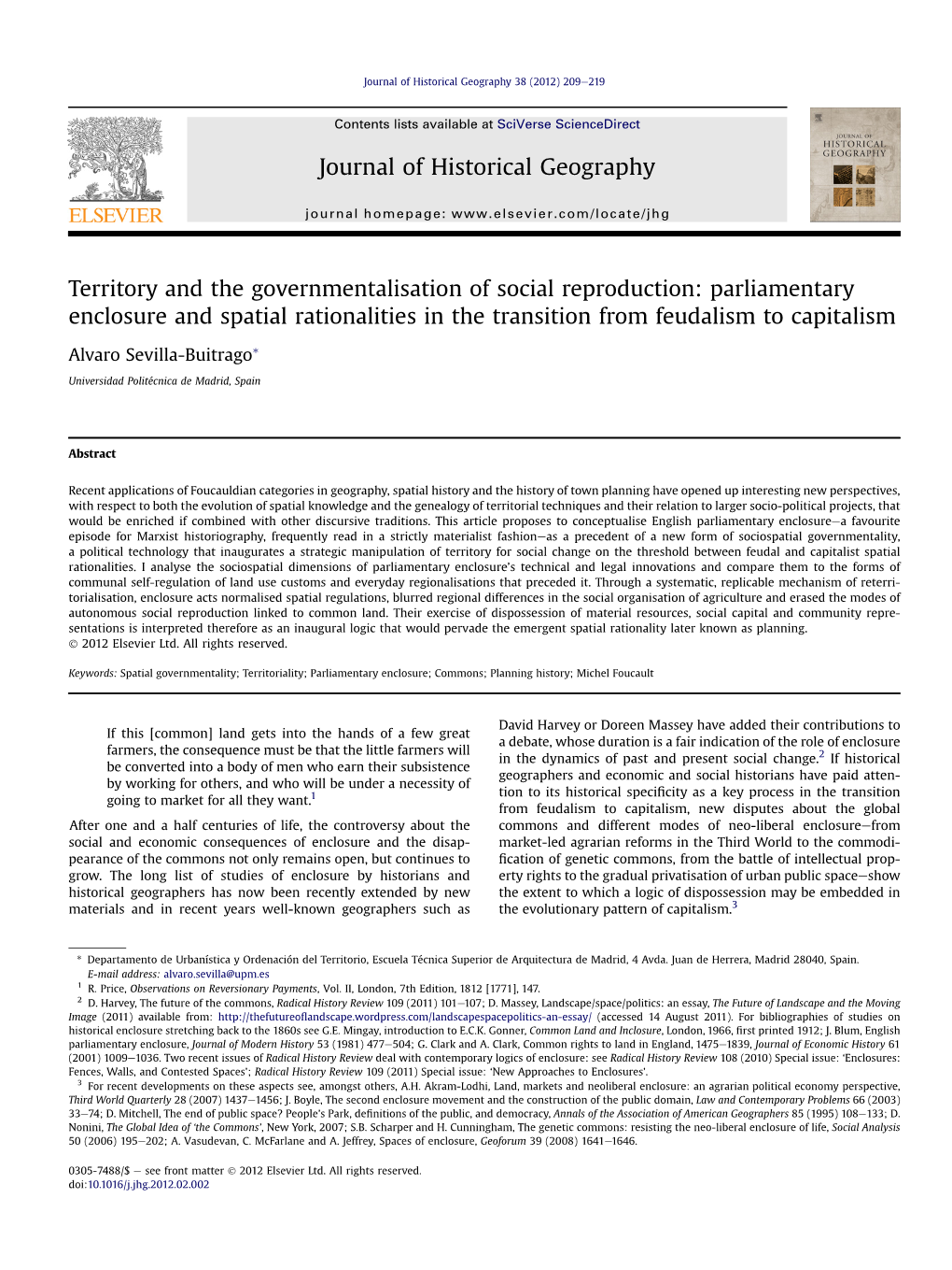 Territory and the Governmentalisation of Social Reproduction: Parliamentary Enclosure and Spatial Rationalities in the Transition from Feudalism to Capitalism