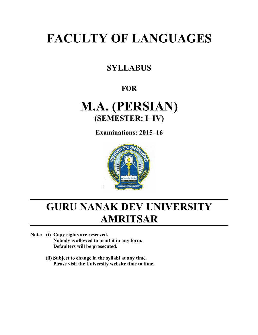 M.A. (PERSIAN) (SEMESTER: I–IV) Examinations: 2015–16