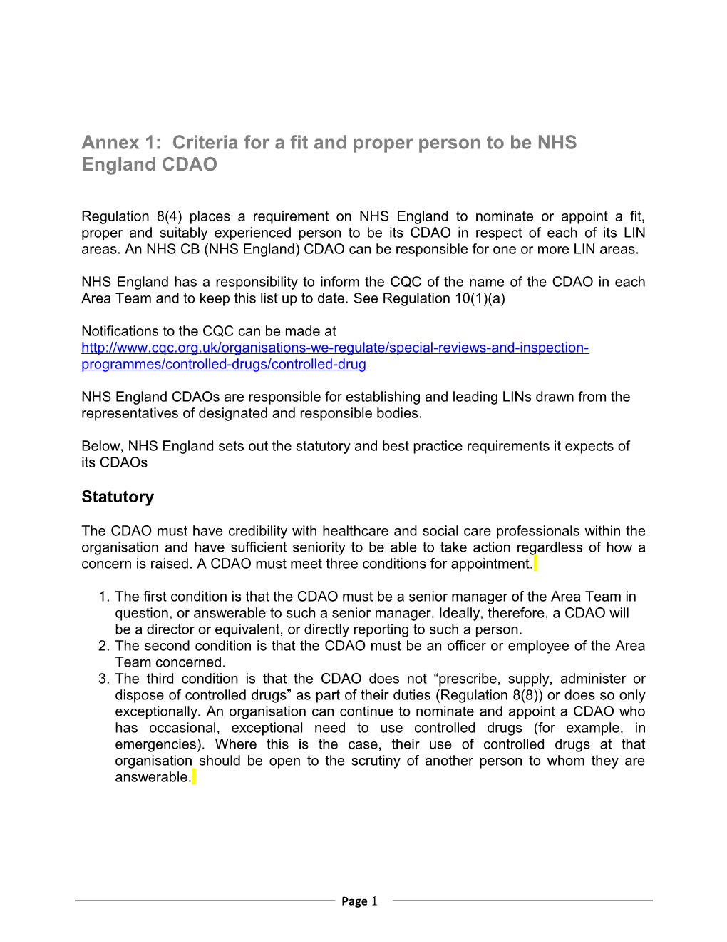 Annex 1: Criteria for a Fit and Proper Person to Be NHS England CDAO