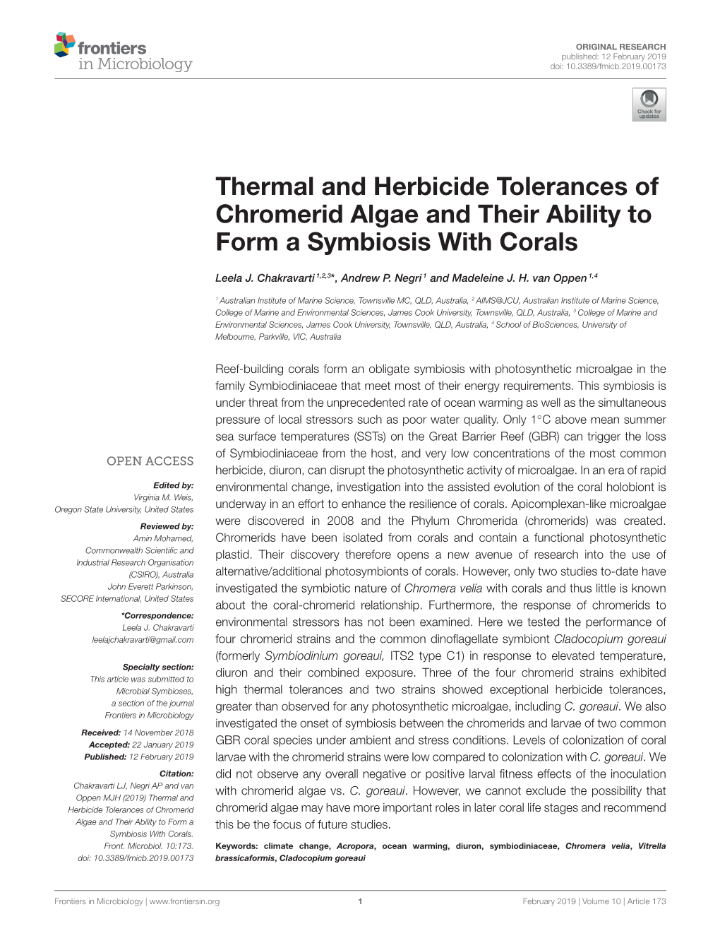Thermal and Herbicide Tolerances of Chromerid Algae and Their Ability to Form a Symbiosis with Corals