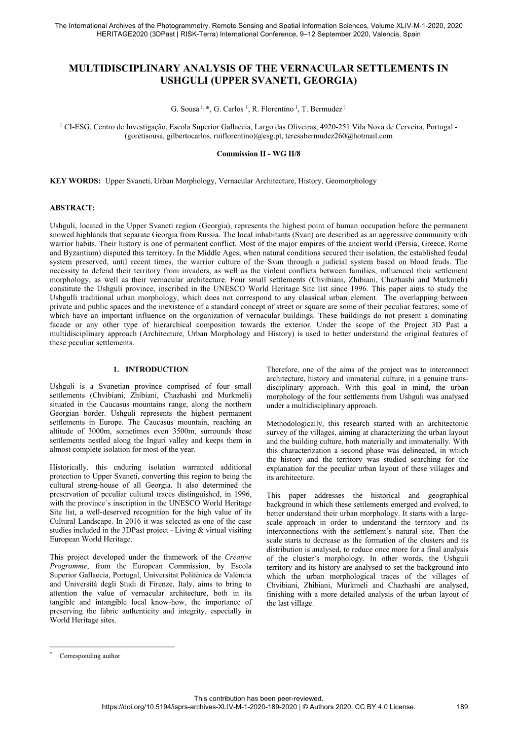 Multidisciplinary Analysis of the Vernacular Settlements in Ushguli (Upper Svaneti, Georgia)