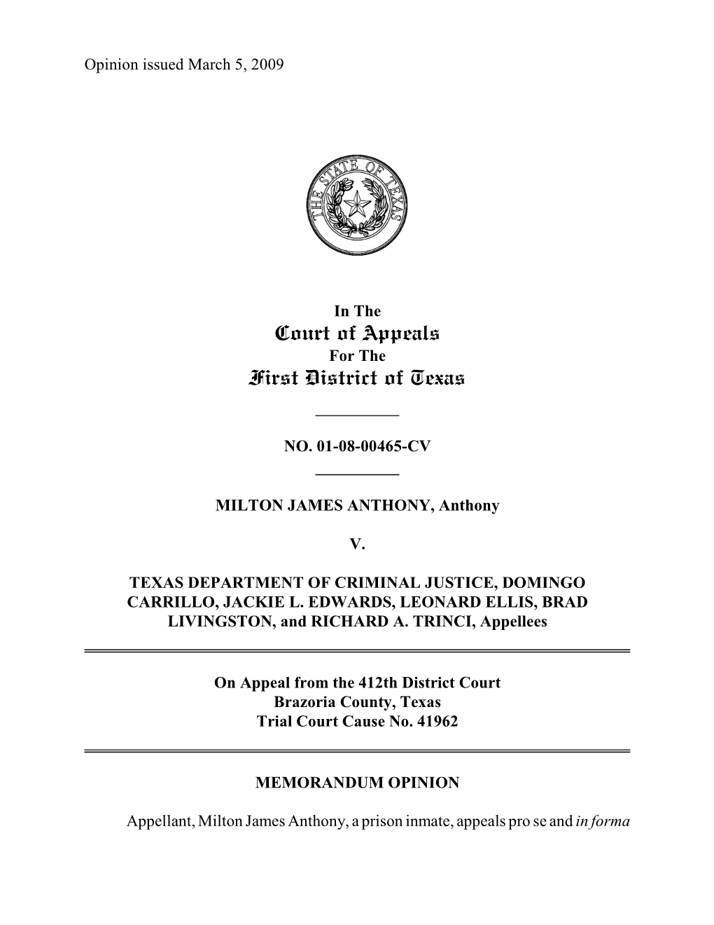 Court of Appeals First District of Texas