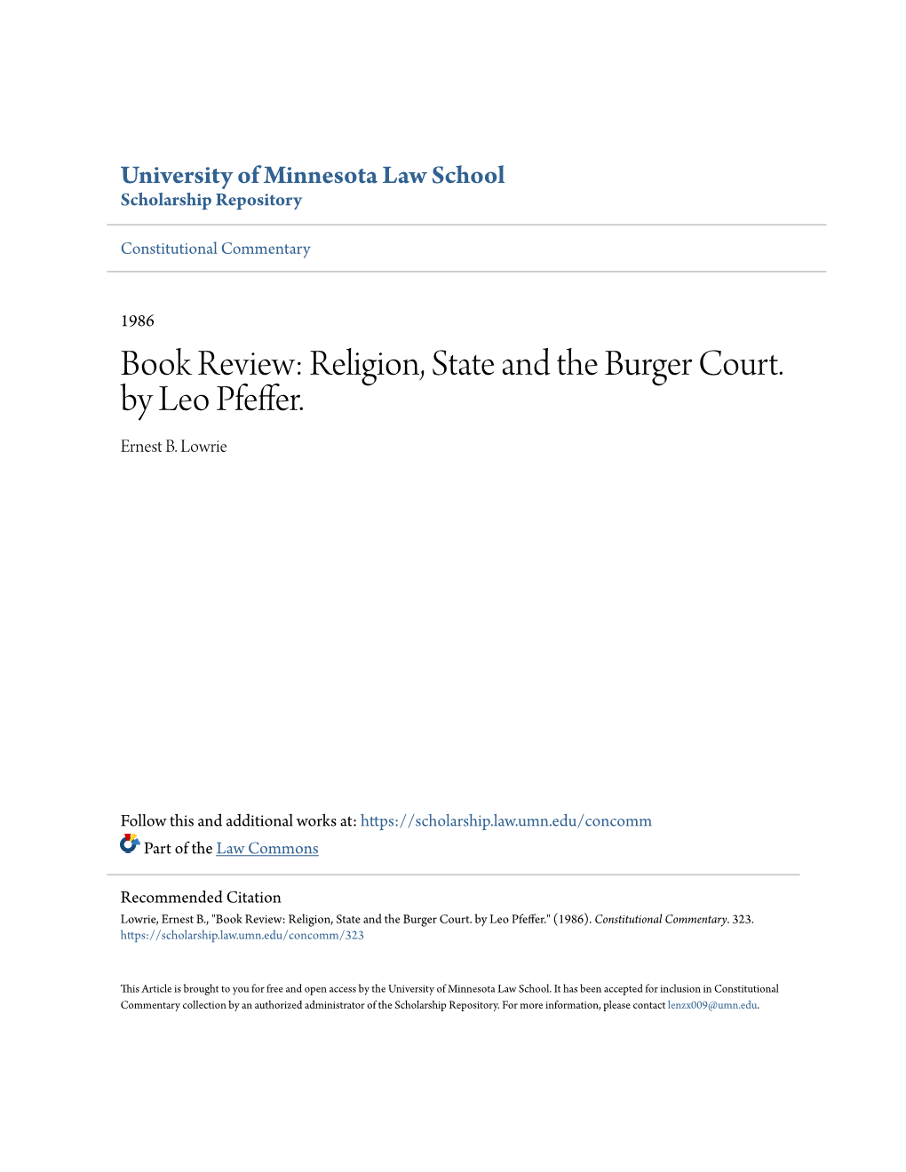 Book Review: Religion, State and the Burger Court. by Leo Pfeffer. Ernest B