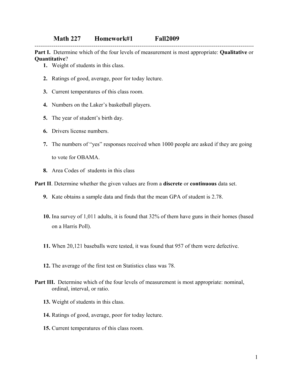 Math 227 Homework#1 Fall2009