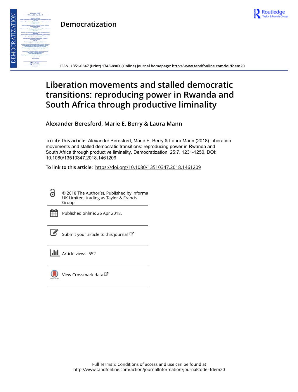 Liberation Movements and Stalled Democratic Transitions: Reproducing Power in Rwanda and South Africa Through Productive Liminality