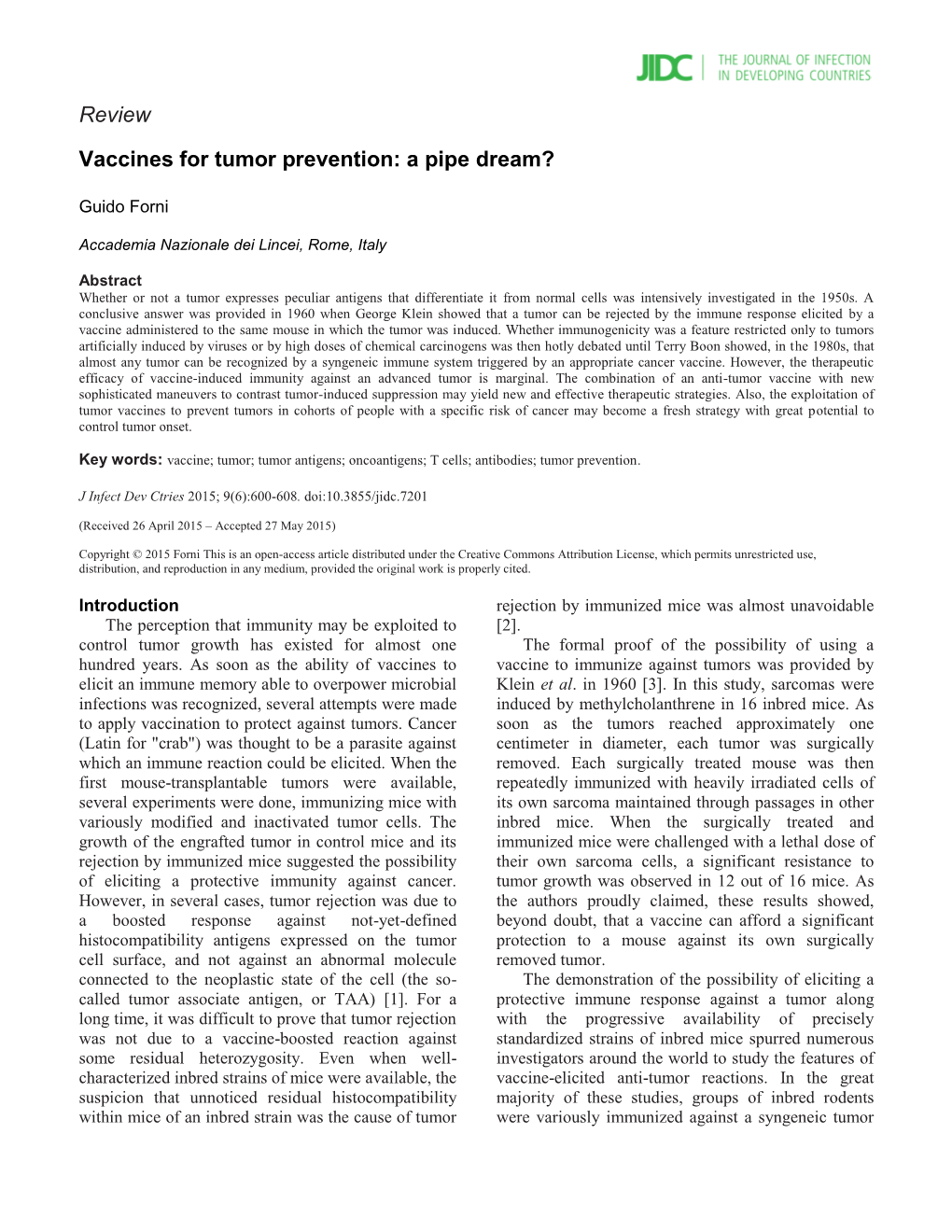 Review Vaccines for Tumor Prevention: a Pipe Dream?