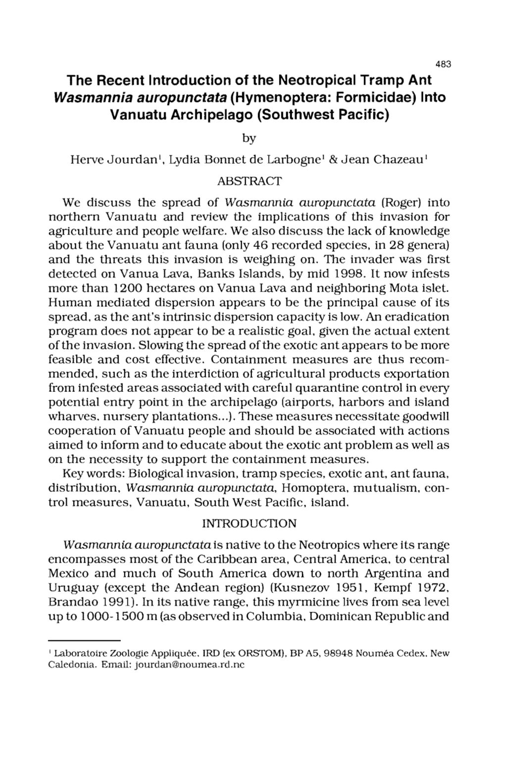 (Hymenoptera : Formicidae) Into Vanuatu Archipelago (Southwest Pacific) Sociobiology, 40 (3), 483-509 ISSN 0361-6525