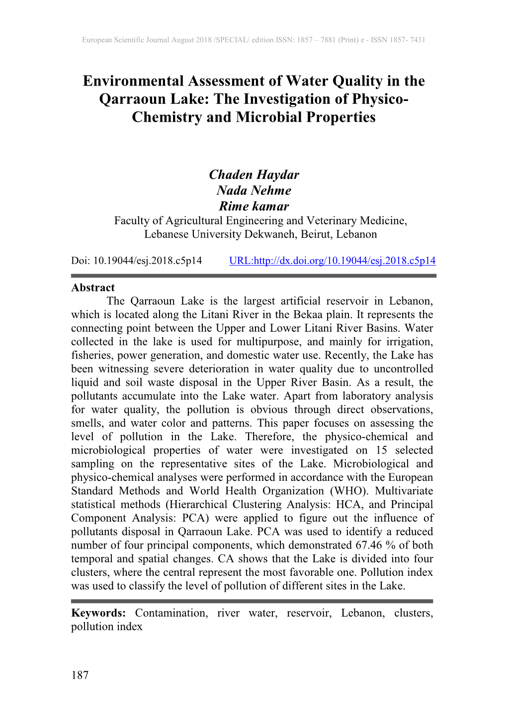 Environmental Assessment of Water Quality in the Qarraoun Lake: the Investigation of Physico- Chemistry and Microbial Properties