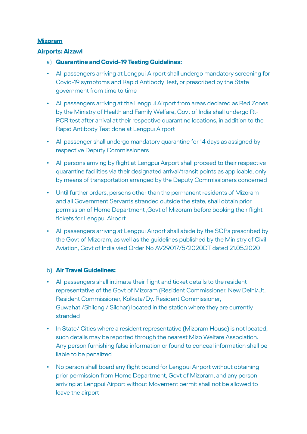 Mizoram Airports: Aizawl A) Quarantine and Covid-19 Testing