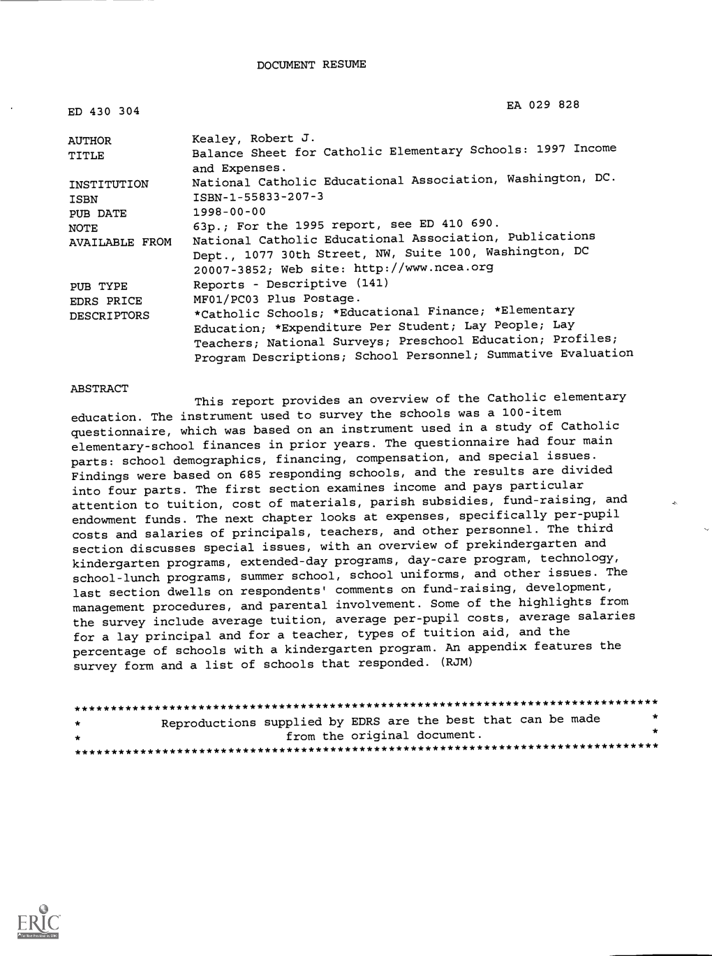 Balance Sheet for Catholic Elementary Schools: 1997 Income and Expenses