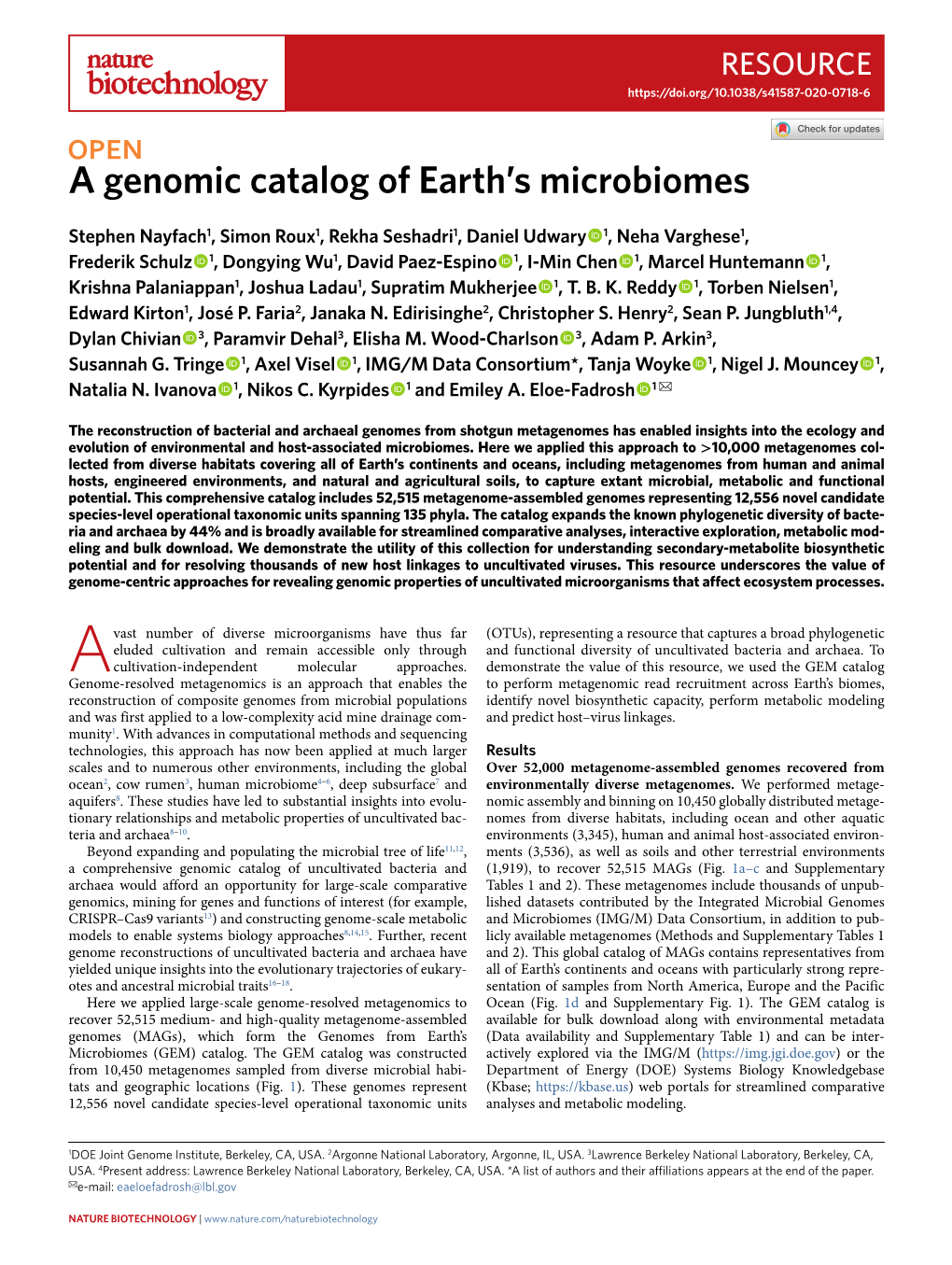 A Genomic Catalog of Earth's Microbiomes