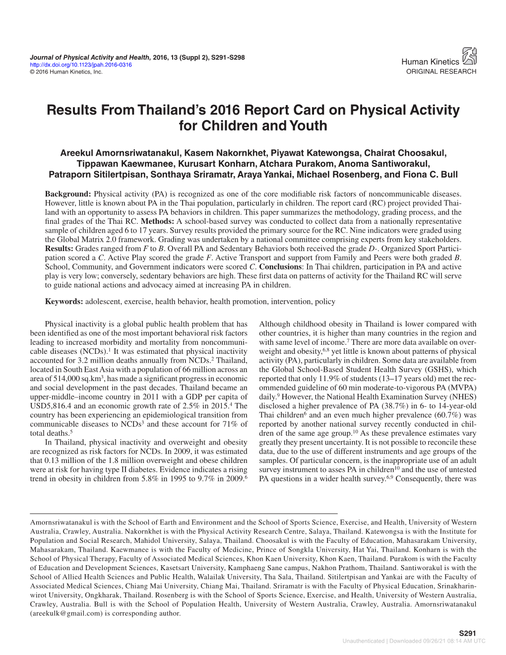 Results from Thailand's 2016 Report Card on Physical Activity For