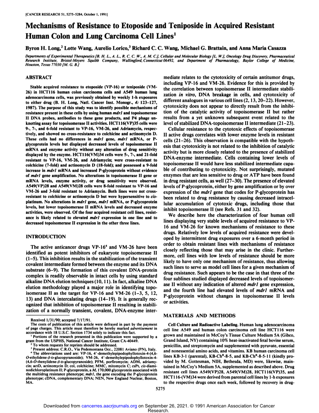 Mechanisms of Resistance to Etoposide and Teniposide in Acquired Resistant Human Colon and Lung Carcinoma Cell Lines'