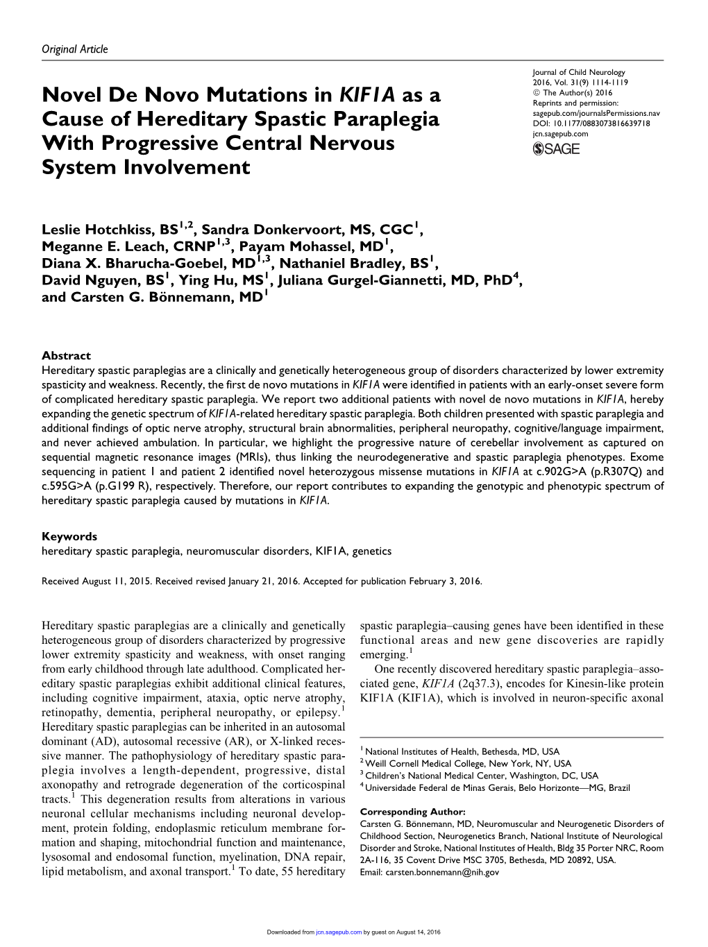 Novel De Novo Mutations in KIF1A As a Cause of Hereditary Spastic Paraplegia with Progressive Central Nervous System Involvement