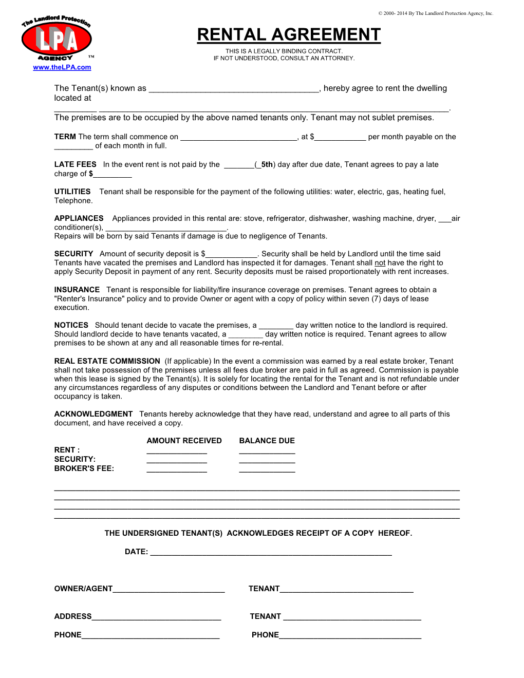 Basic Rental Agreement Form Tips: When Filling out Your LPA Form, Please Take Note of the Following