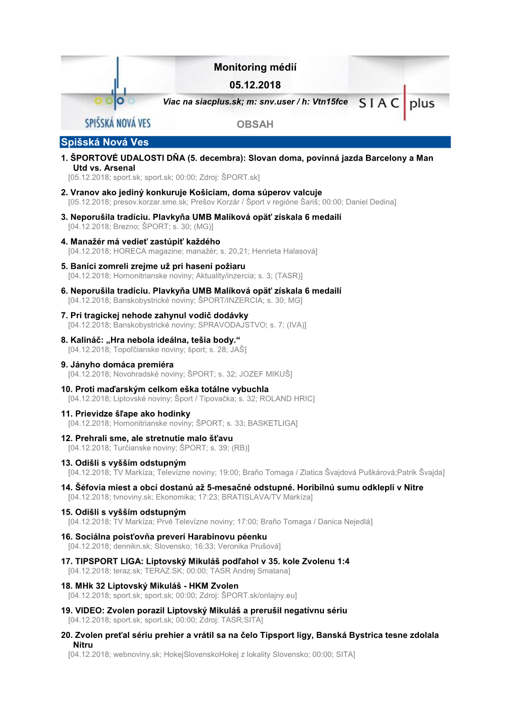 Monitoring Médií 05.12.2018 OBSAH Spišská Nová