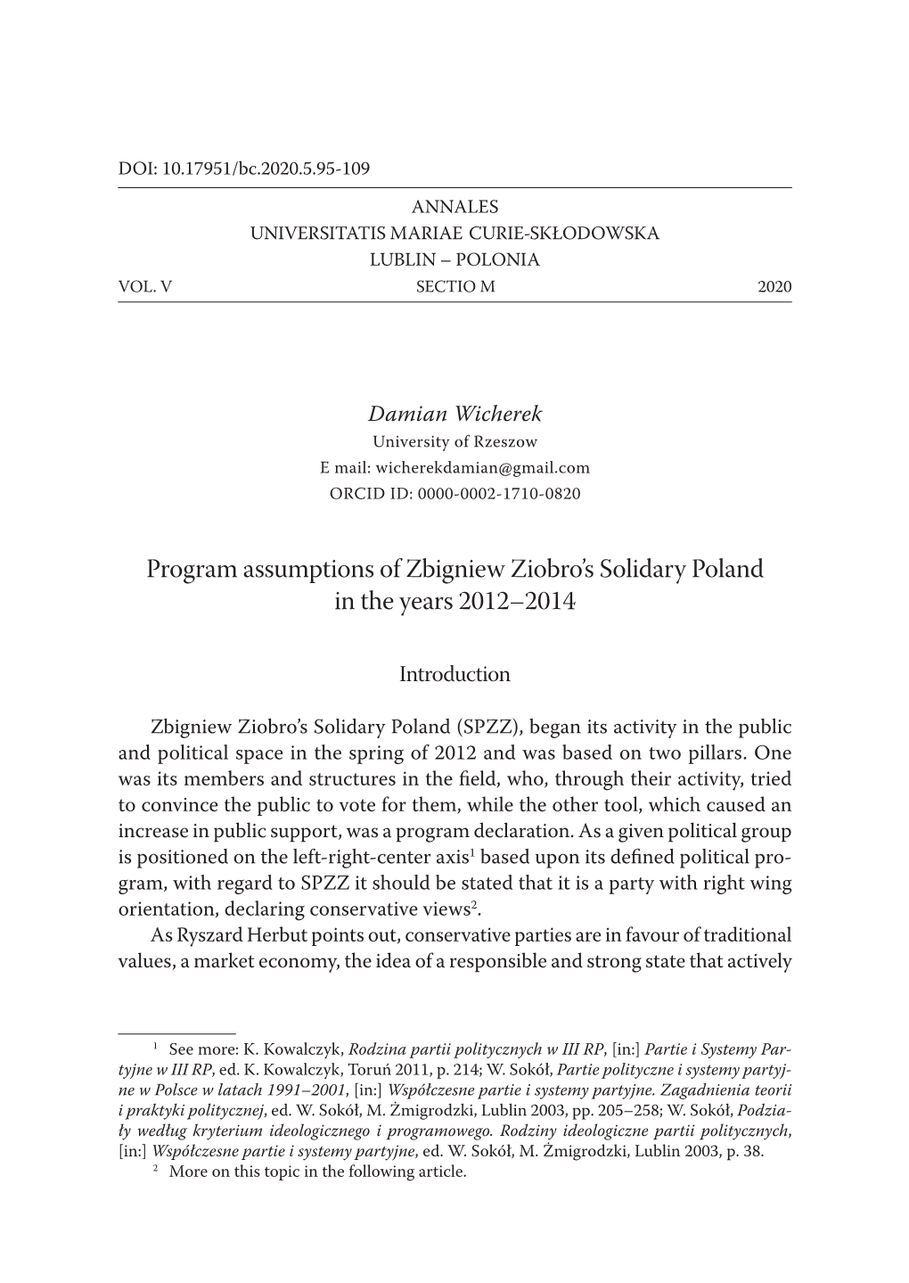 Program Assumptions of Zbigniew Ziobro's Solidary Poland in the Years 2012–2014