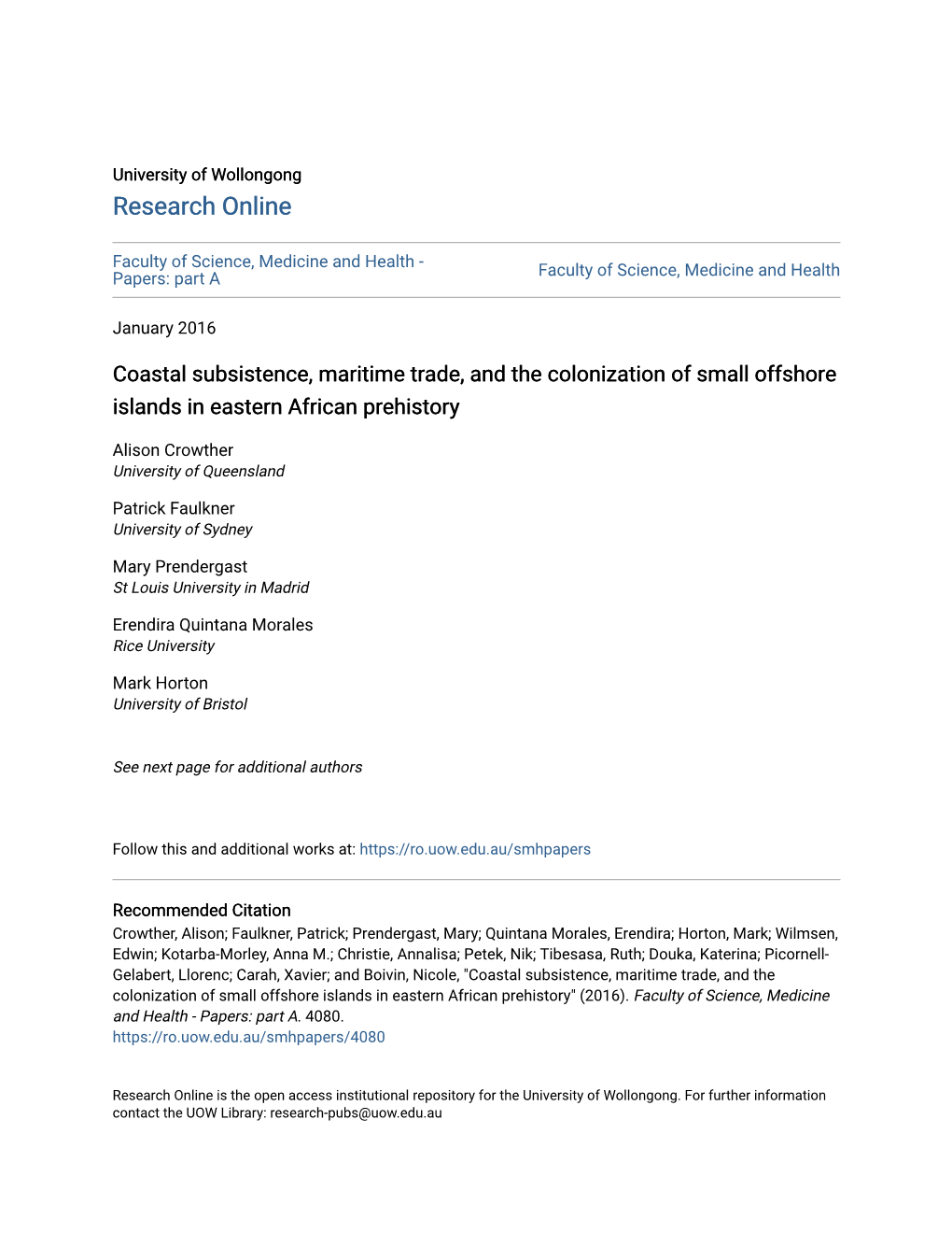 Coastal Subsistence, Maritime Trade, and the Colonization of Small Offshore Islands in Eastern African Prehistory