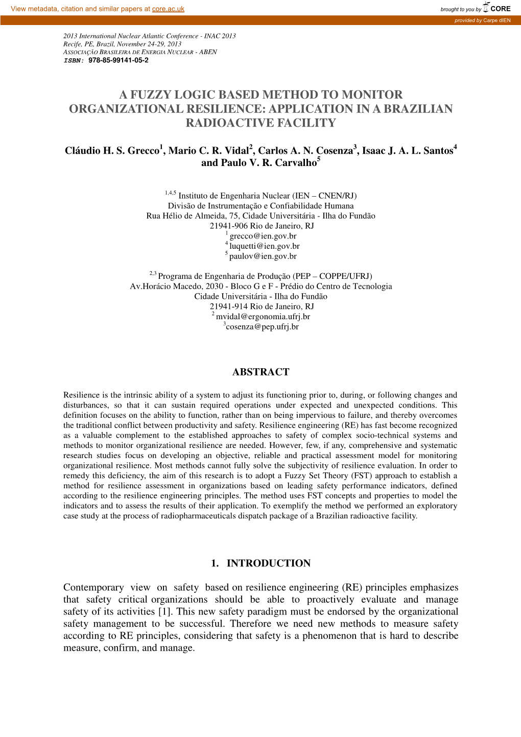 A Fuzzy Logic Based Method to Monitor Organizational Resilience: Application in a Brazilian Radioactive Facility