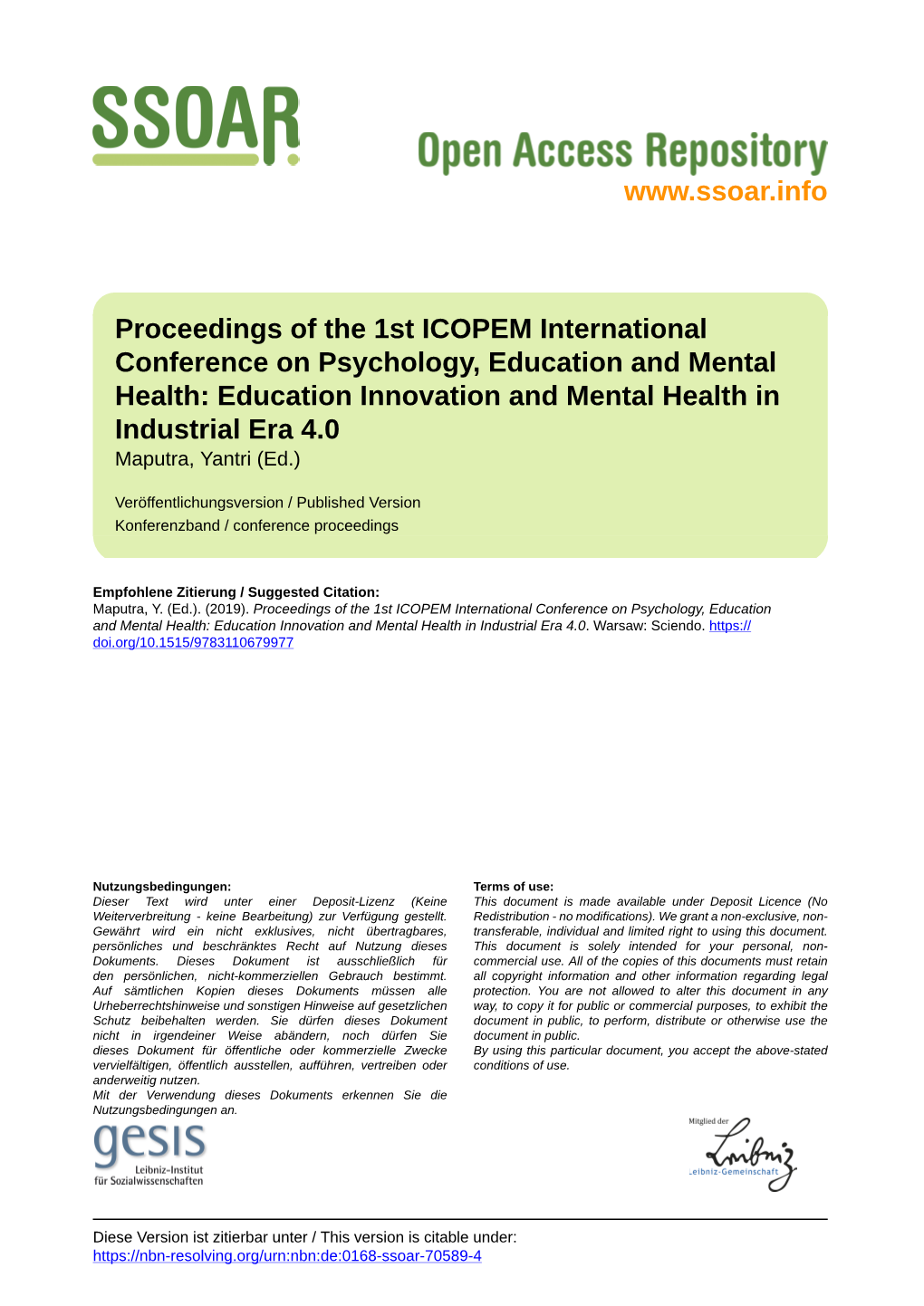 Education Innovation and Mental Health in Industrial Era 4.0 Maputra, Yantri (Ed.)