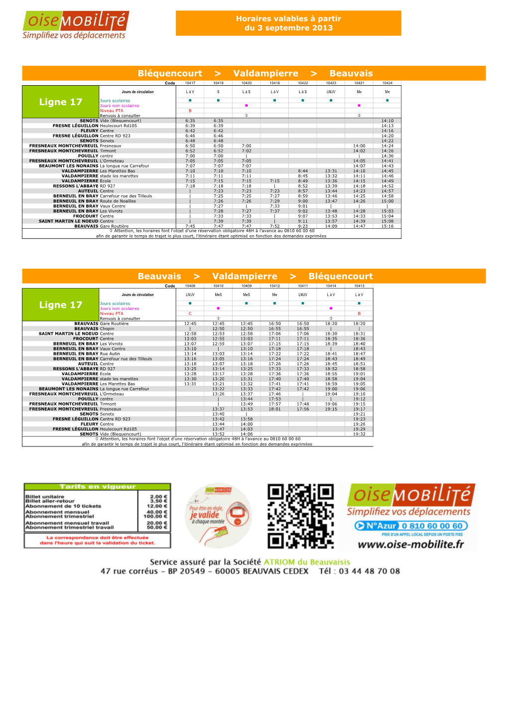 Ligne 17 Bléquencourt > Valdampierre > Beauvais Ligne 17