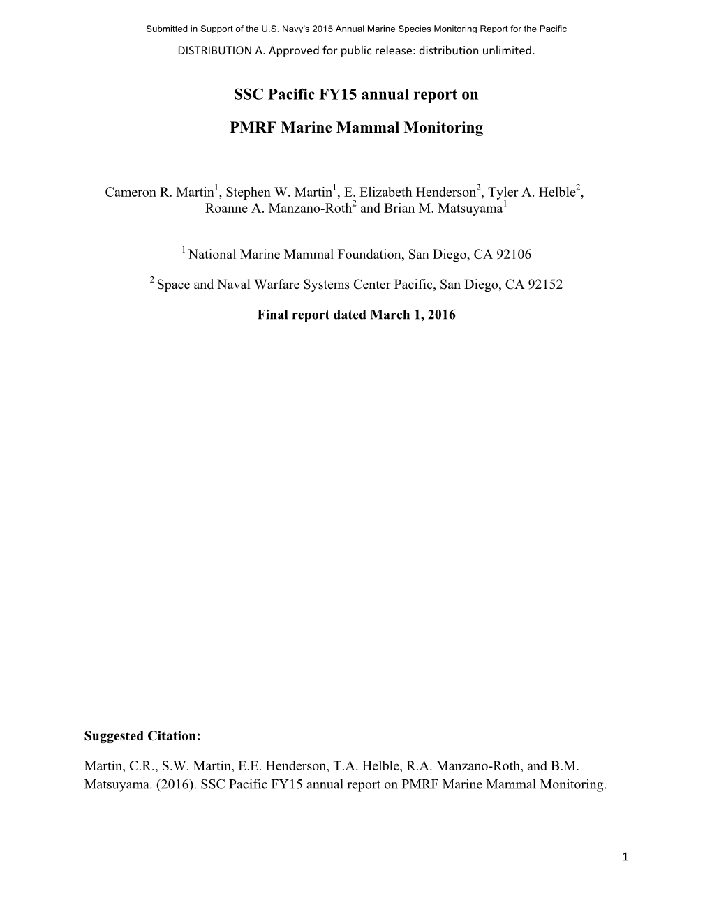 SSC Pacific FY15 Annual Report on PMRF Marine Mammal Monitoring