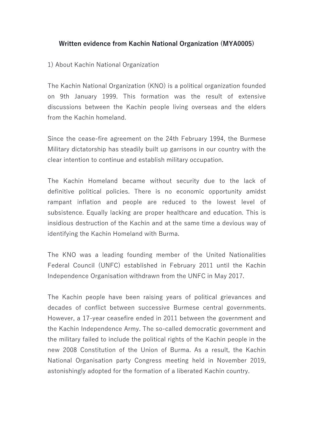 Written Evidence from Kachin National Organization (MYA0005)