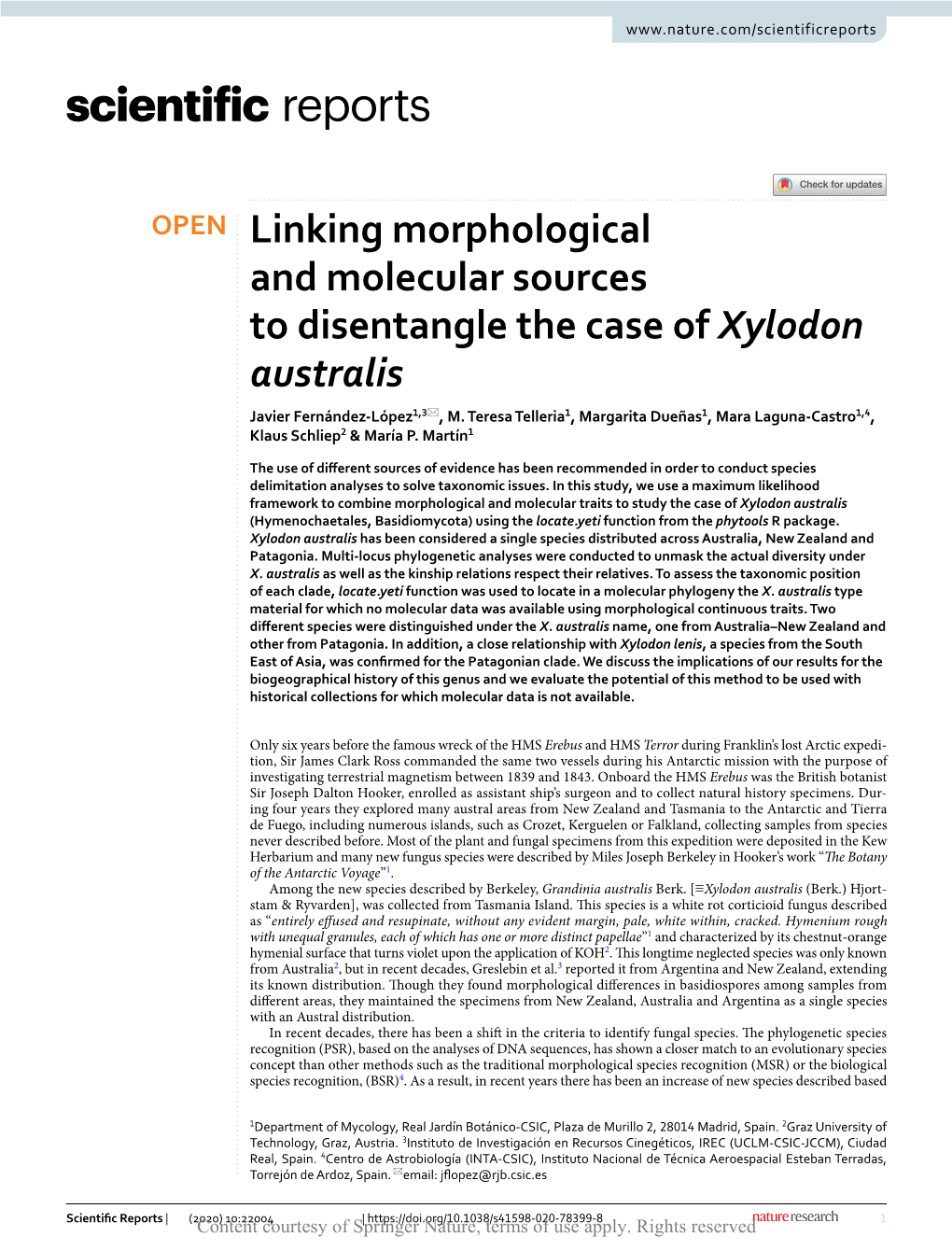 Linking Morphological and Molecular Sources to Disentangle the Case of Xylodon Australis Javier Fernández‑López1,3*, M