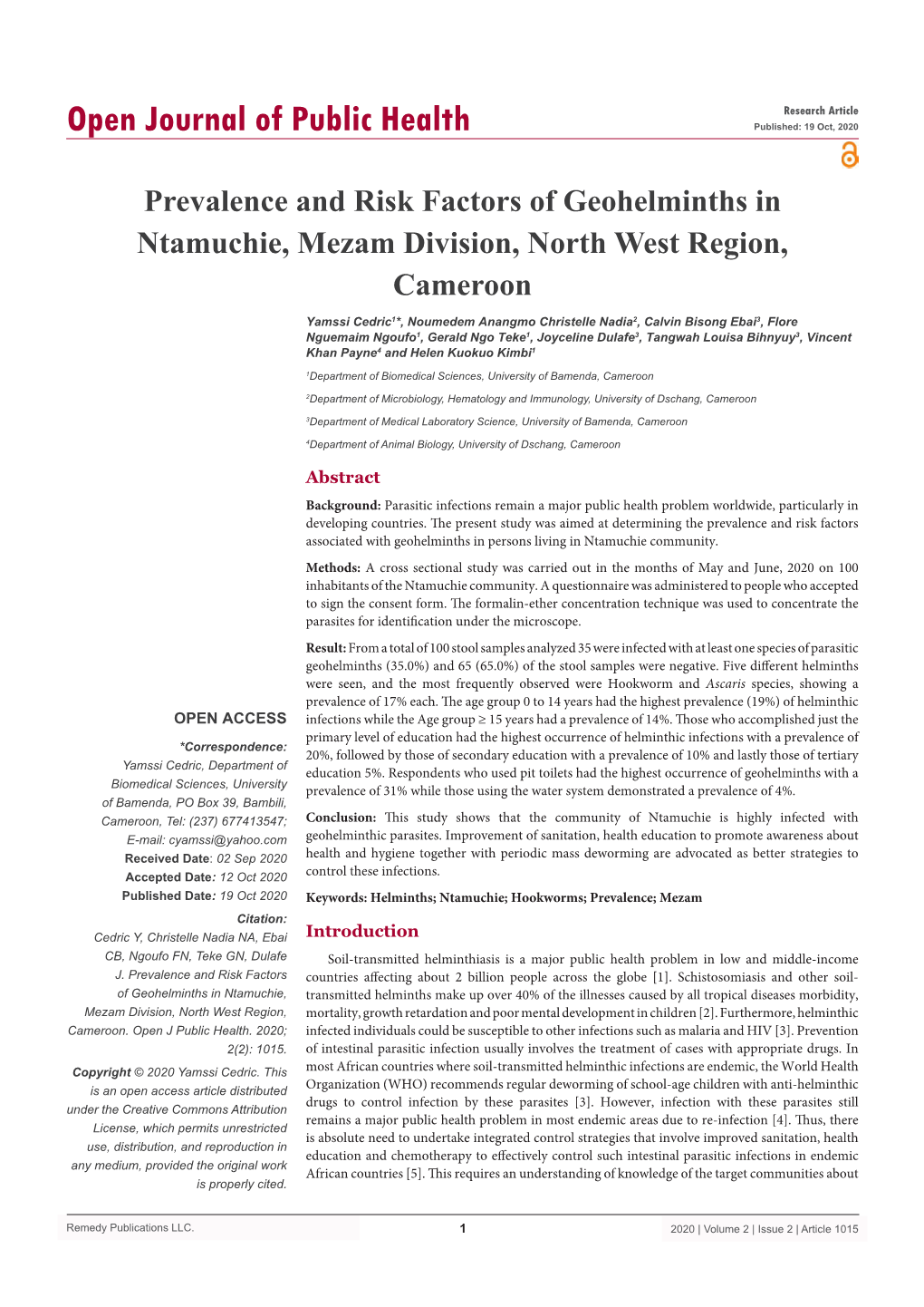 Prevalence and Risk Factors of Geohelminths in Ntamuchie, Mezam Division, North West Region, Cameroon