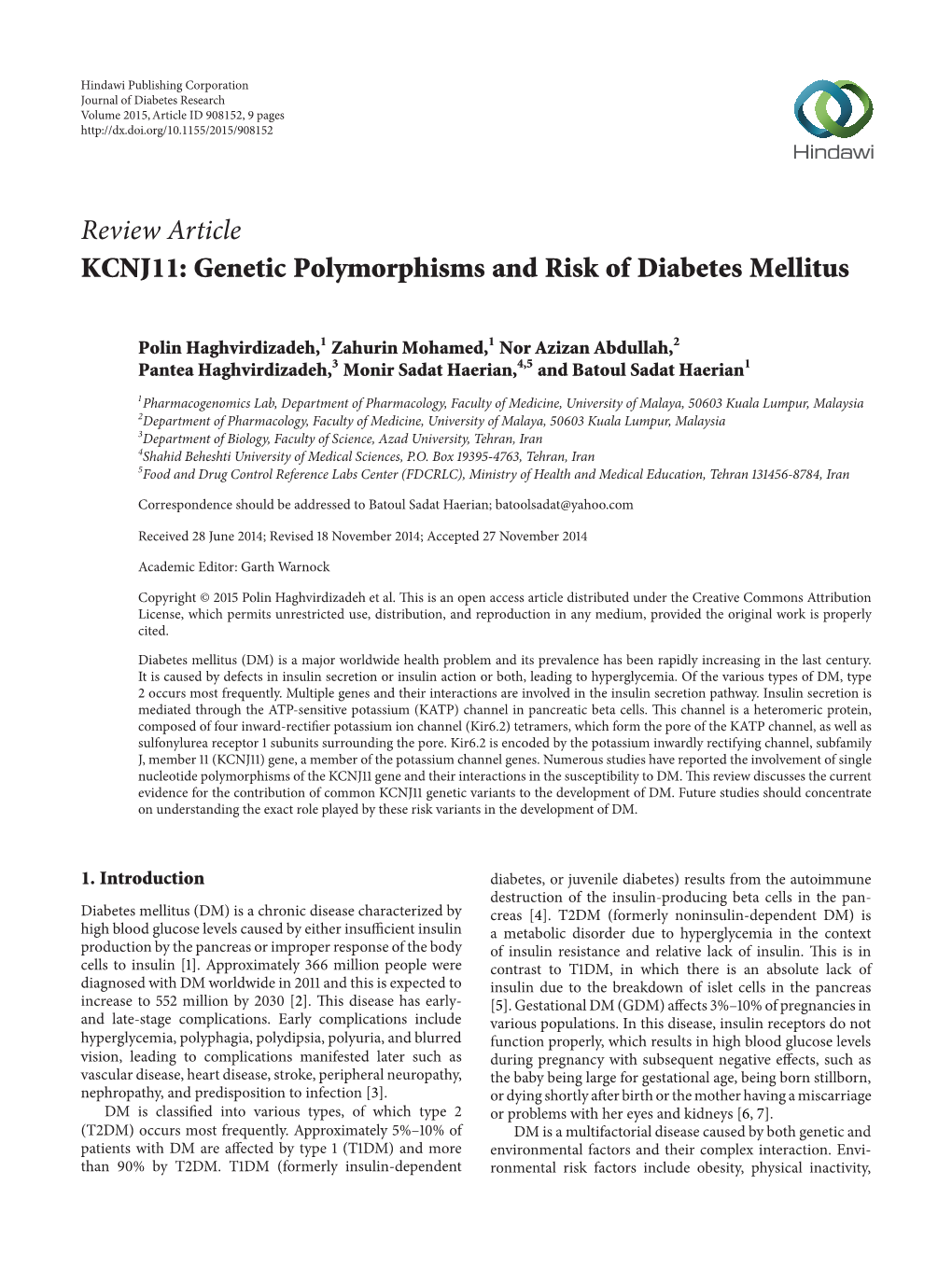 KCNJ11: Genetic Polymorphisms and Risk of Diabetes Mellitus
