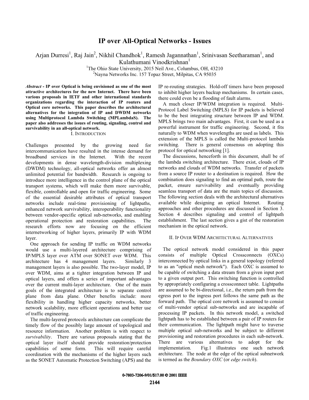 IP Over All-Optical Networks - Issues