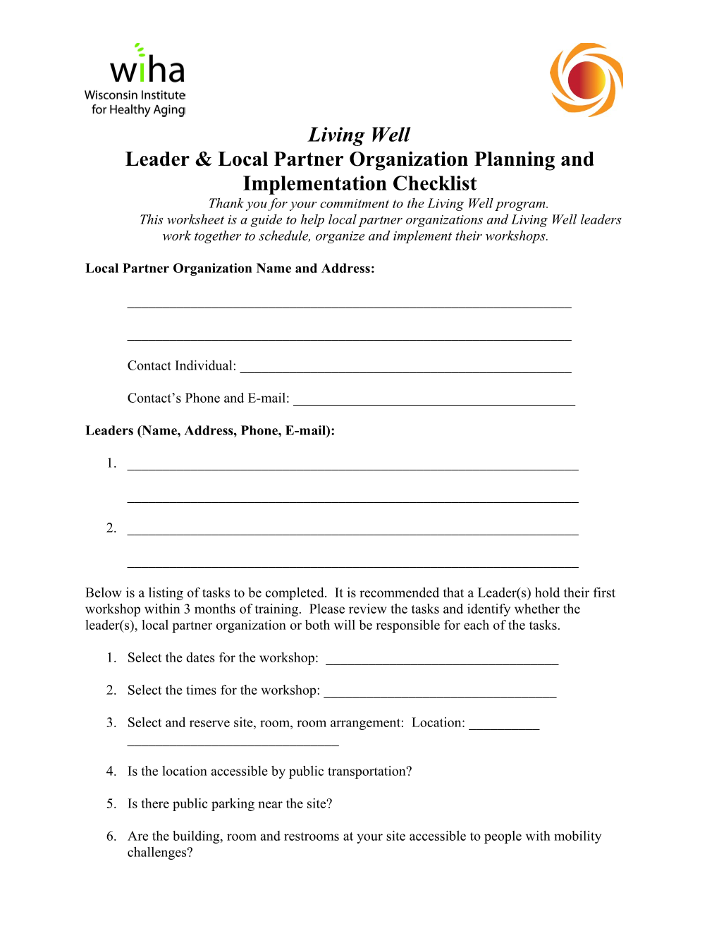 Leader & Local Partner Organization Planning and Implementation Checklist