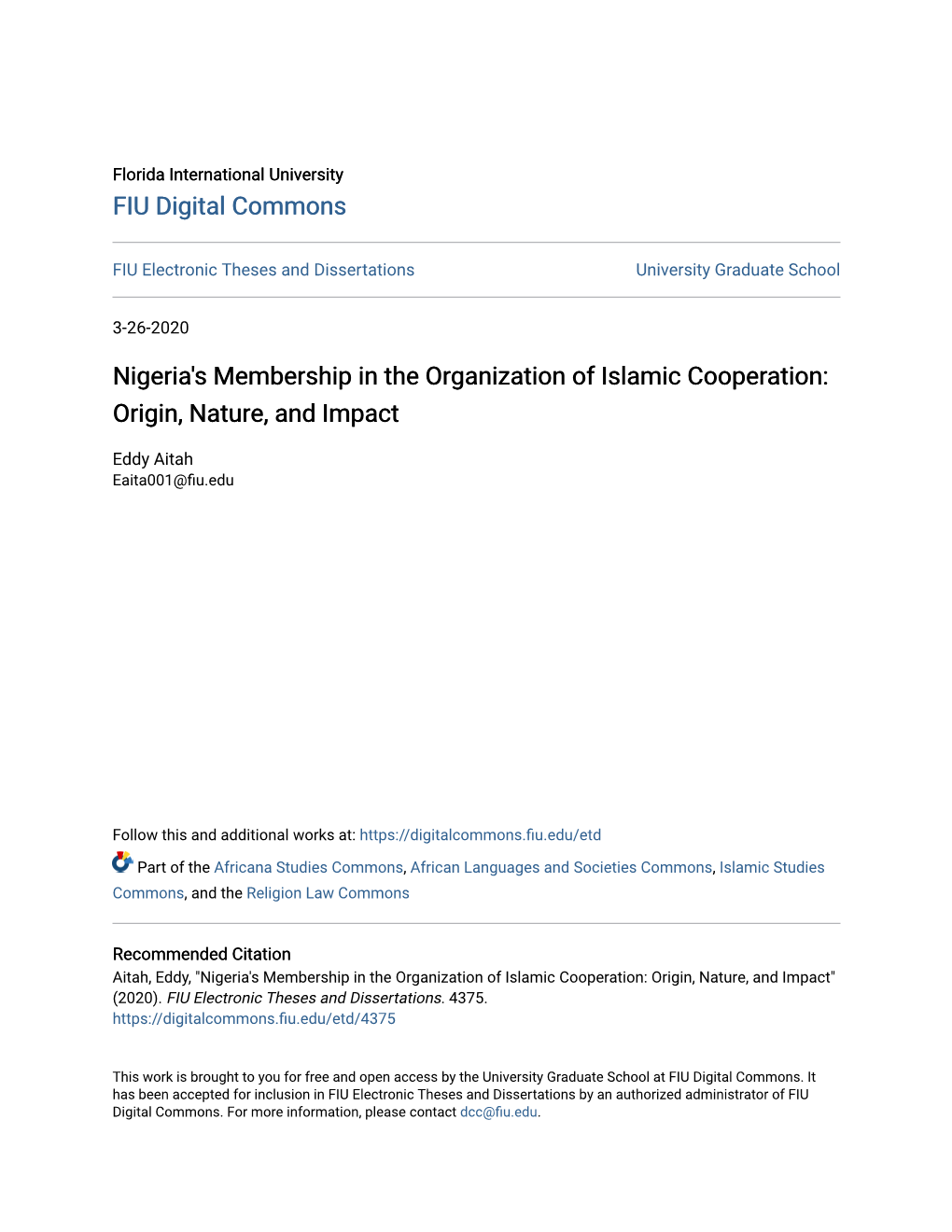 Nigeria's Membership in the Organization of Islamic Cooperation: Origin, Nature, and Impact