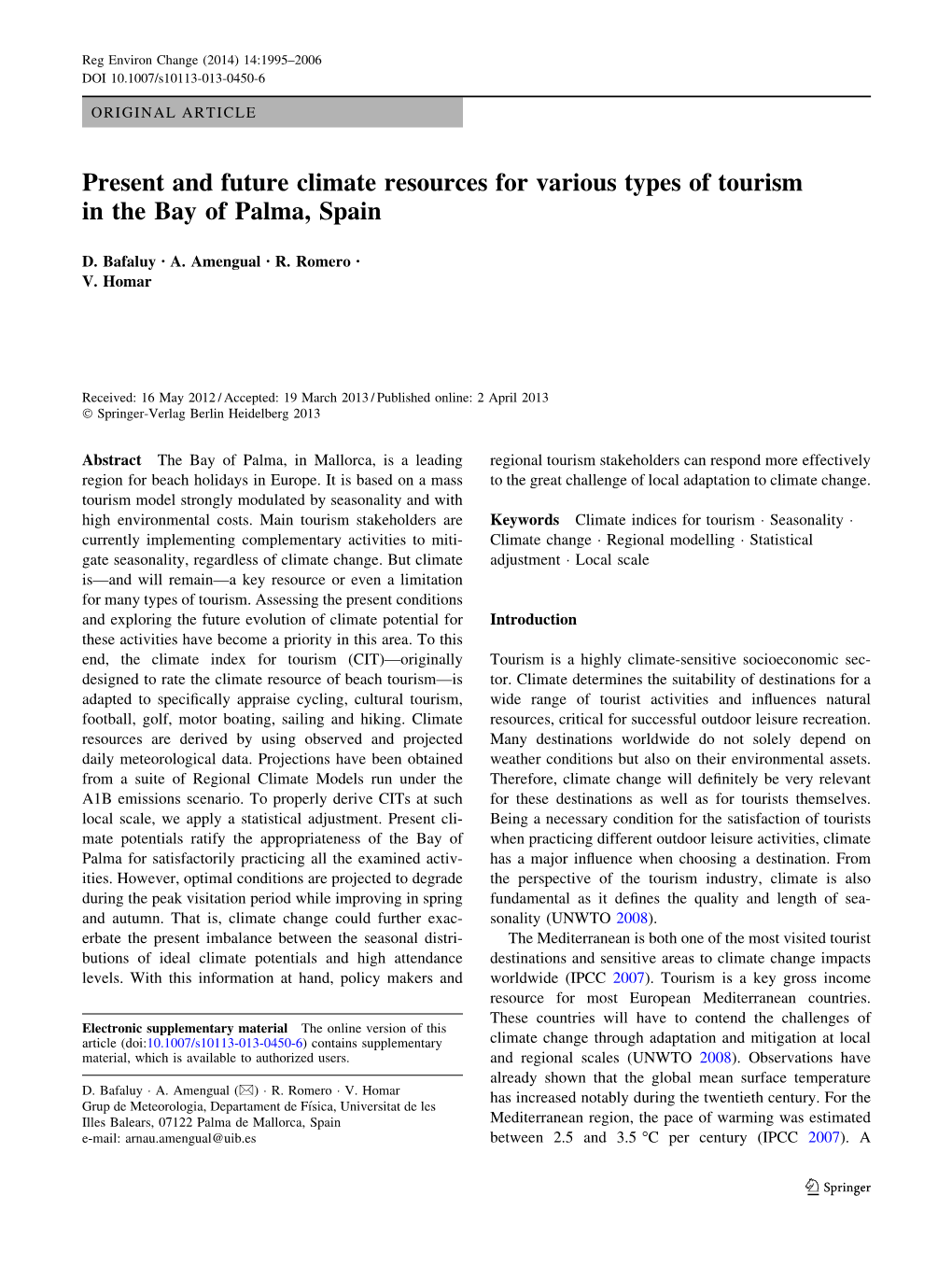 Present and Future Climate Resources for Various Types of Tourism in the Bay of Palma, Spain