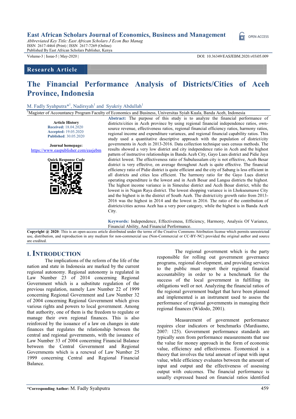 The Financial Performance Analysis of Districts/Cities of Aceh Province, Indonesia