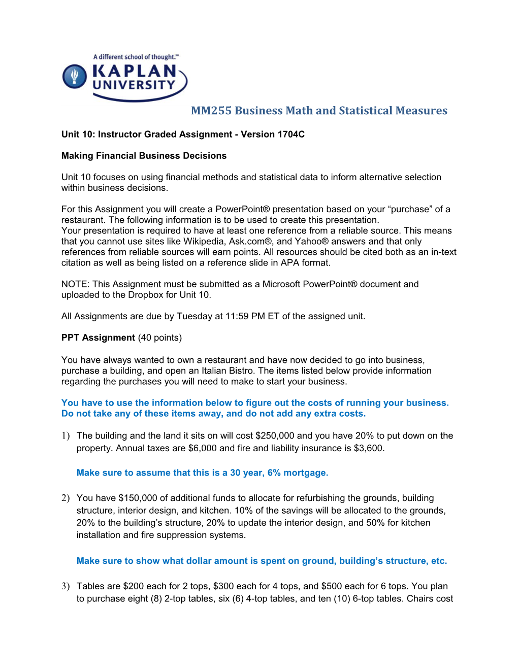 MM255 Business Math and Statistical Measures