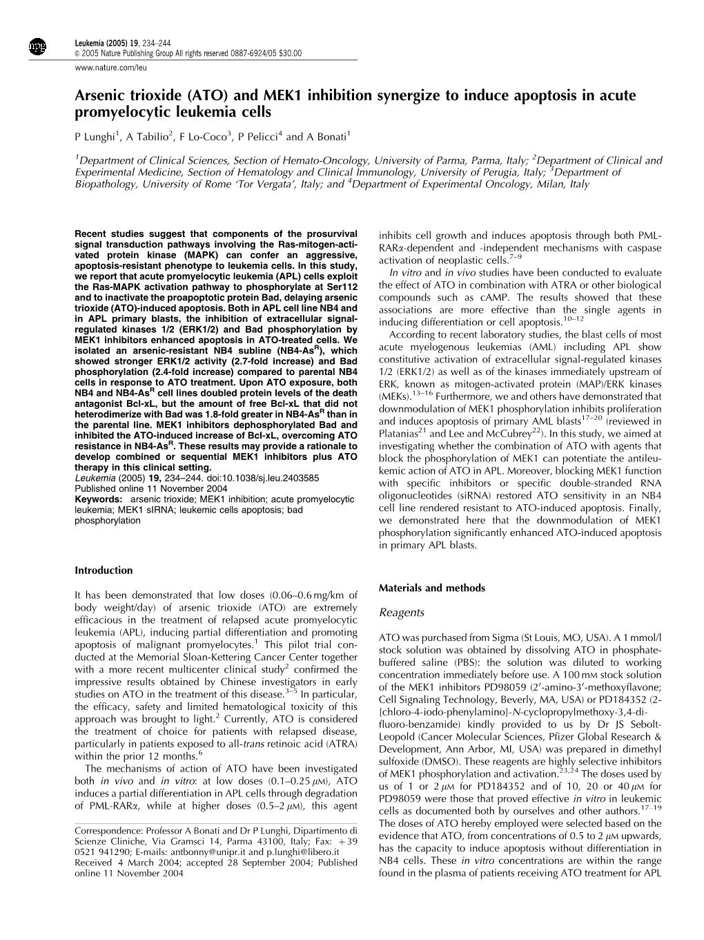 Arsenic Trioxide (ATO) and MEK1 Inhibition Synergize to Induce Apoptosis in Acute Promyelocytic Leukemia Cells