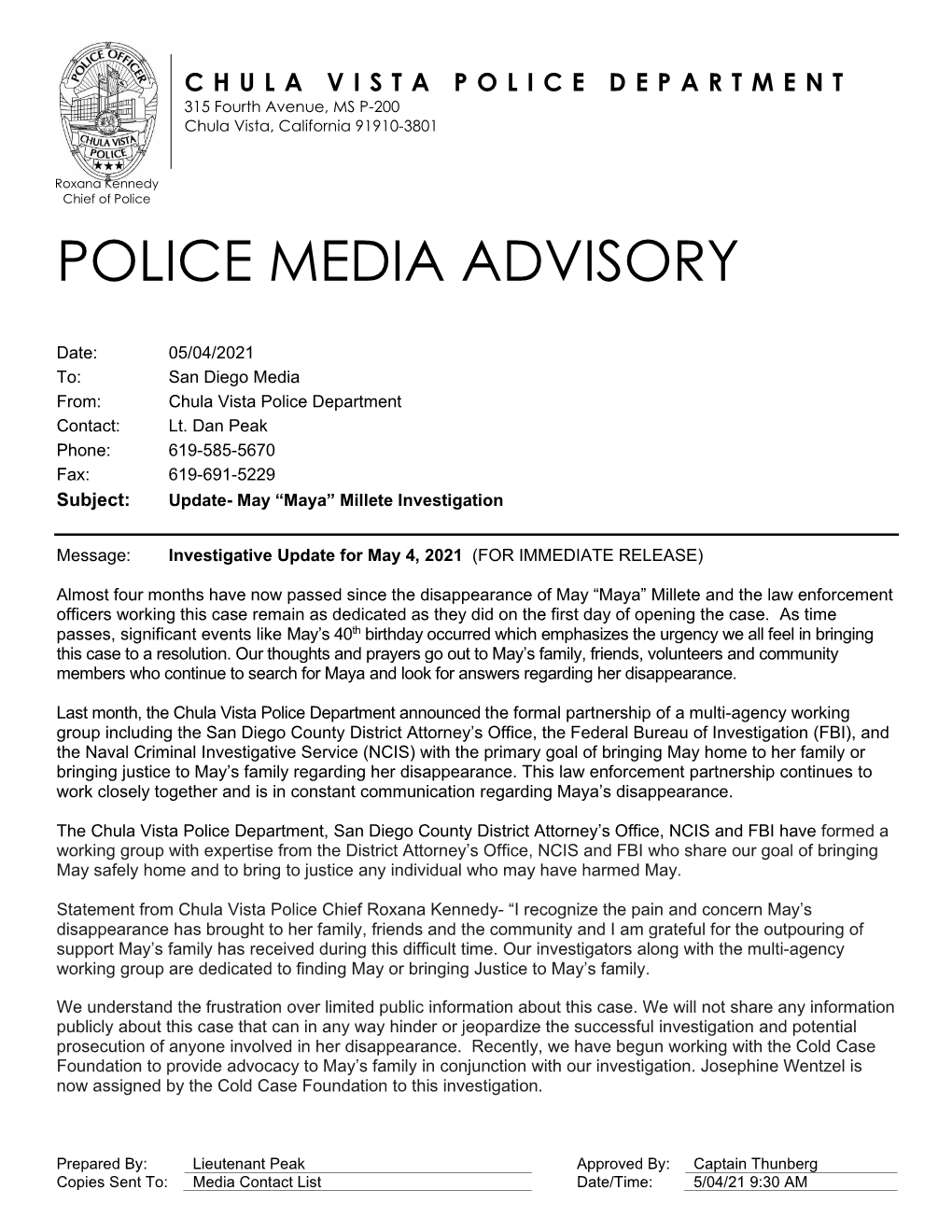 Police Media Advisory