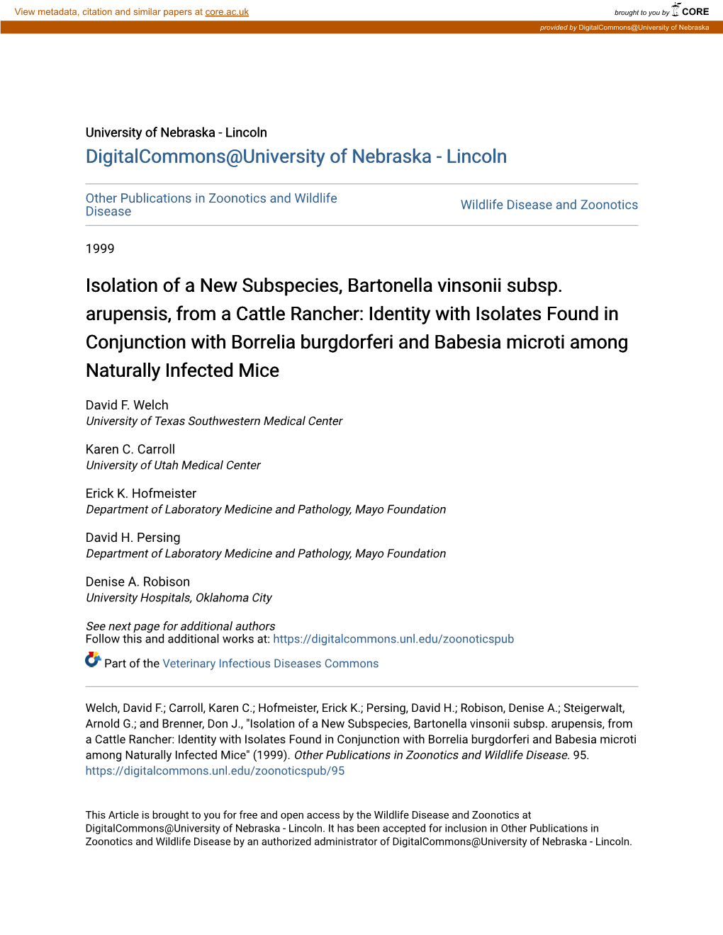 Isolation of a New Subspecies, Bartonella Vinsonii Subsp