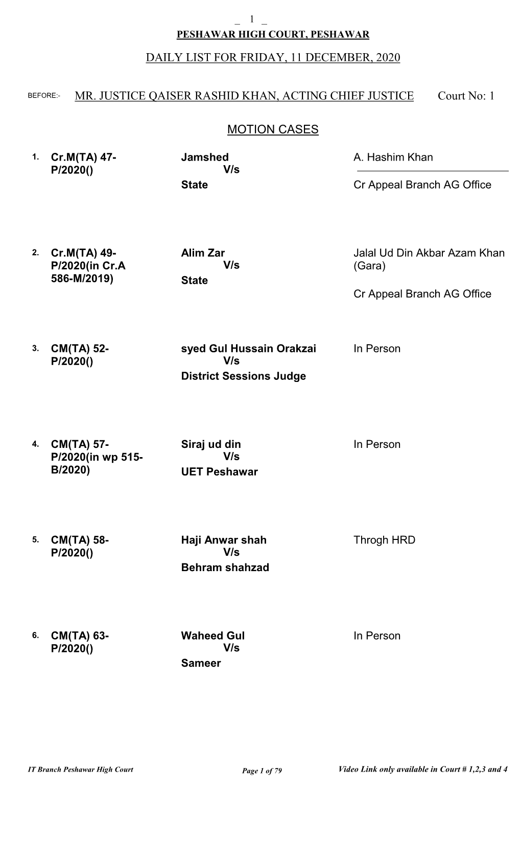 Single Bench List for 11-12-2020(Friday)