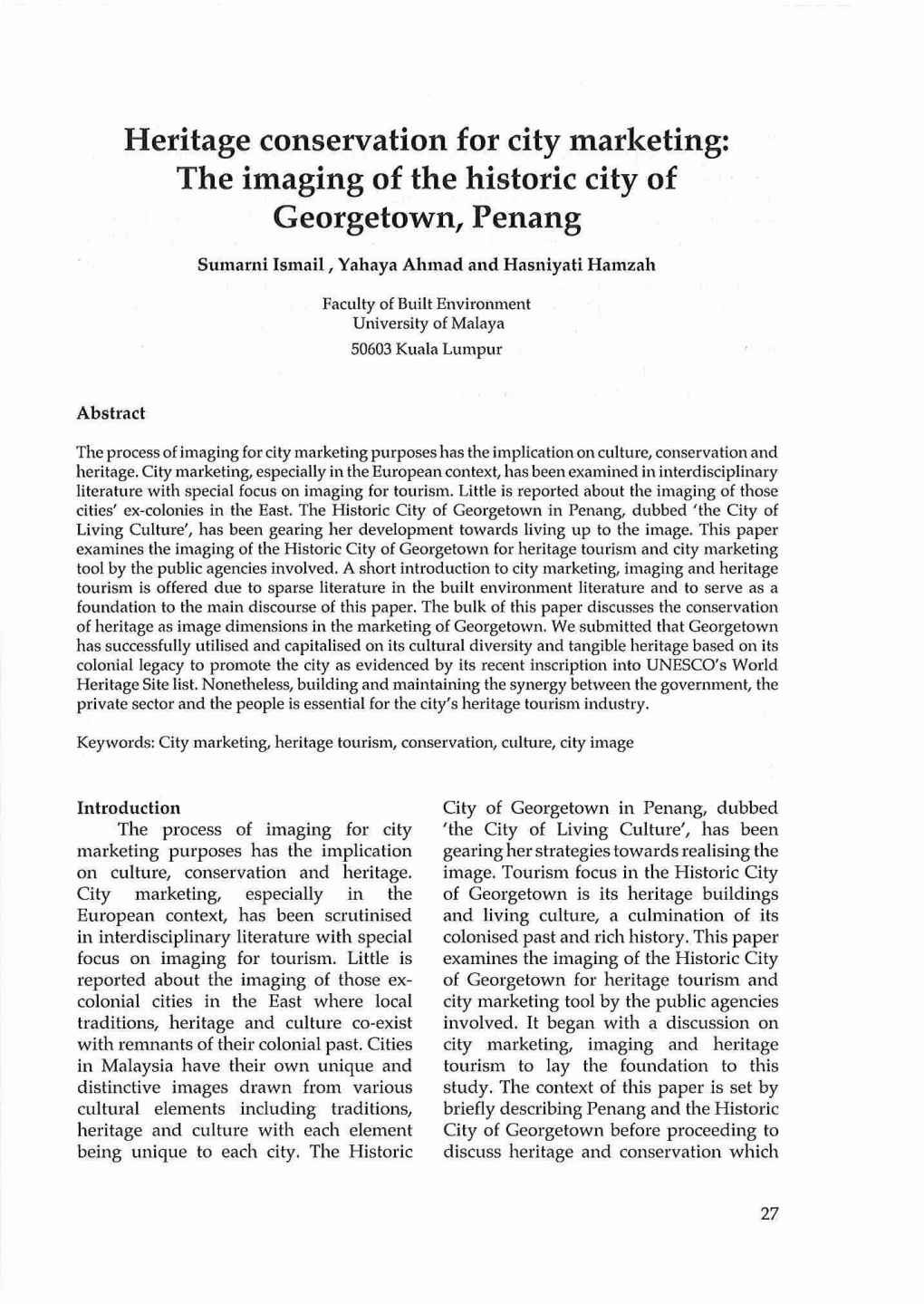 The Imaging of the Historic City of Georgetown, Penang