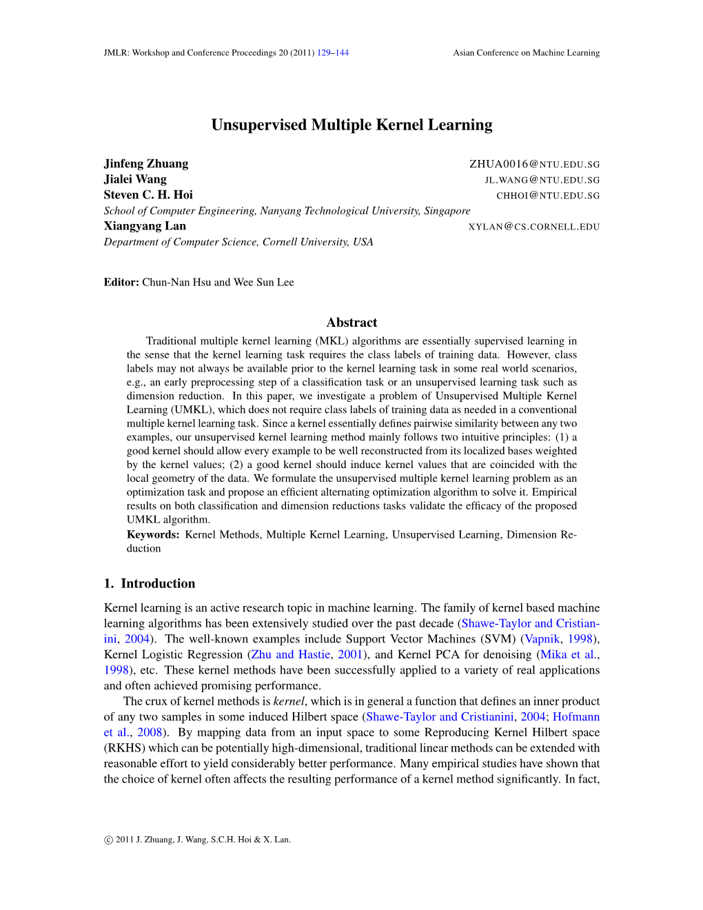 Unsupervised Multiple Kernel Learning