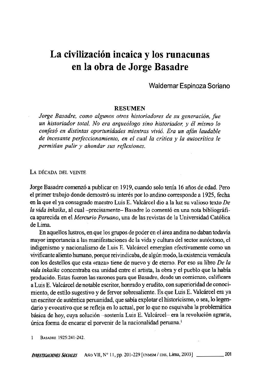 La Civilización Incaica Y Los Runacunas En La Obra De Jorge Basadre