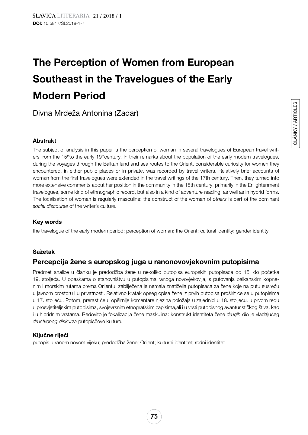 The Perception of Women from European Southeast in the Travelogues of the Early Modern Period