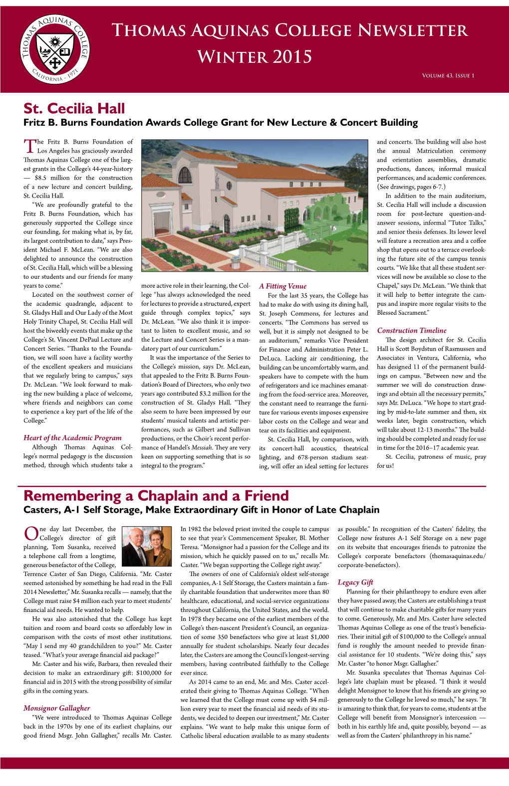 Thomas Aquinas College Newsletter Winter 2015