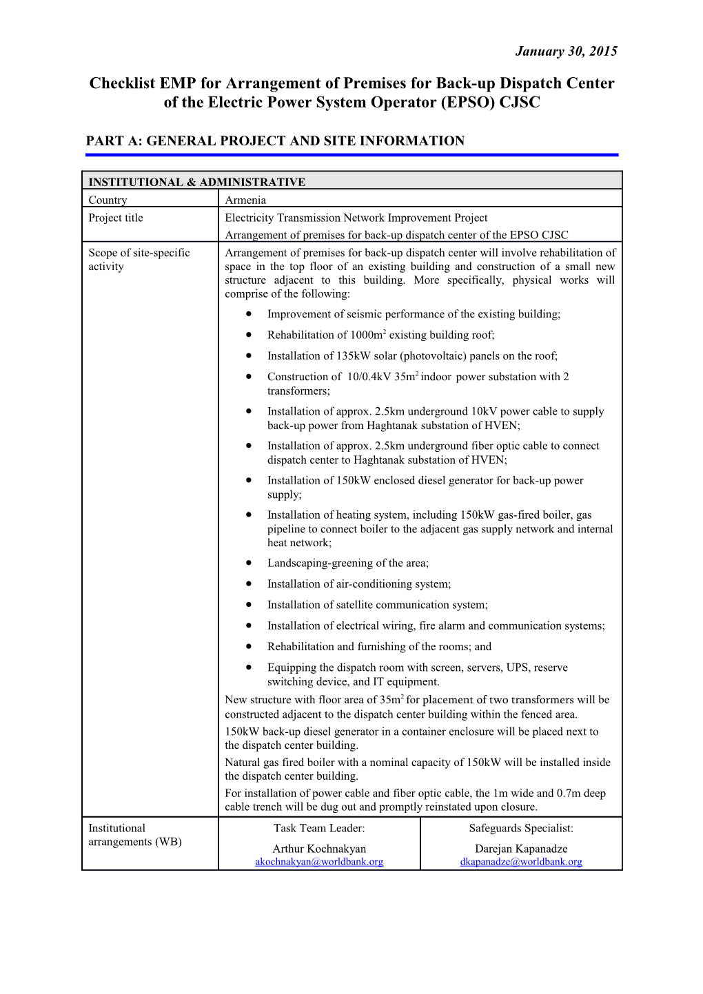 PART A: General Project and Site Information