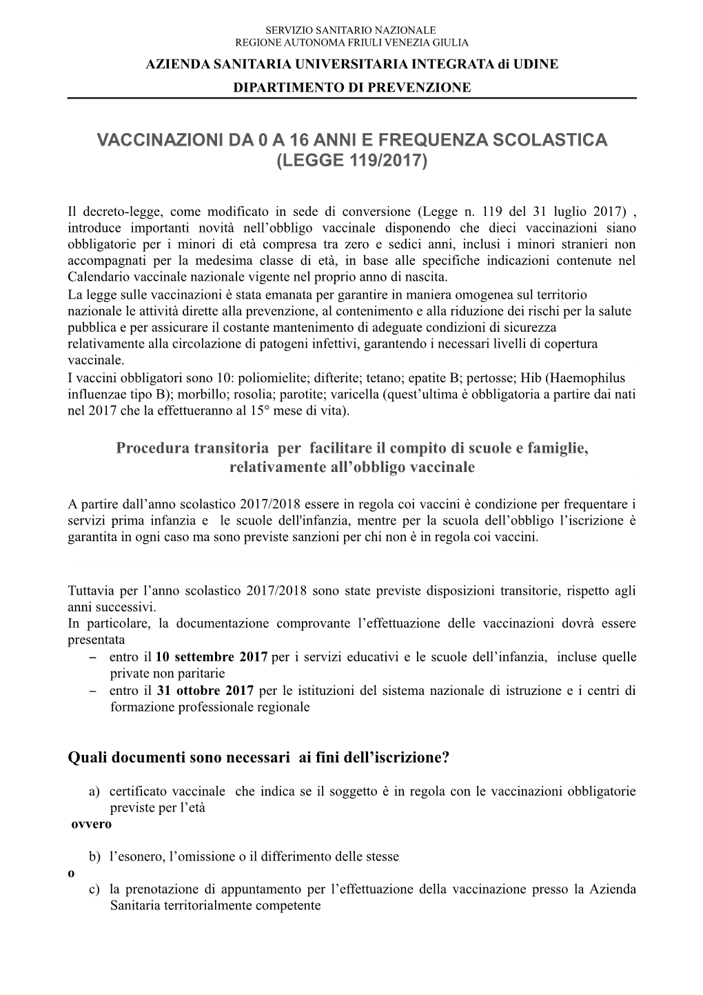 Vaccinazioni Da 0 a 16 Anni E Frequenza Scolastica (Legge 119/2017)