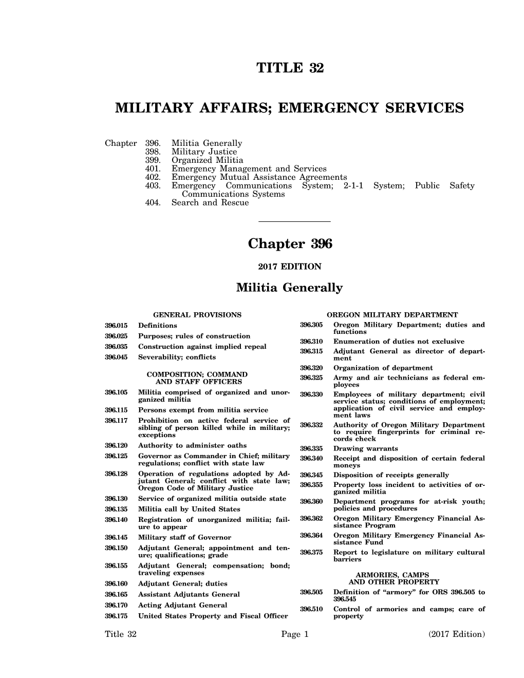 TITLE 32 MILITARY AFFAIRS; EMERGENCY SERVICES Chapter