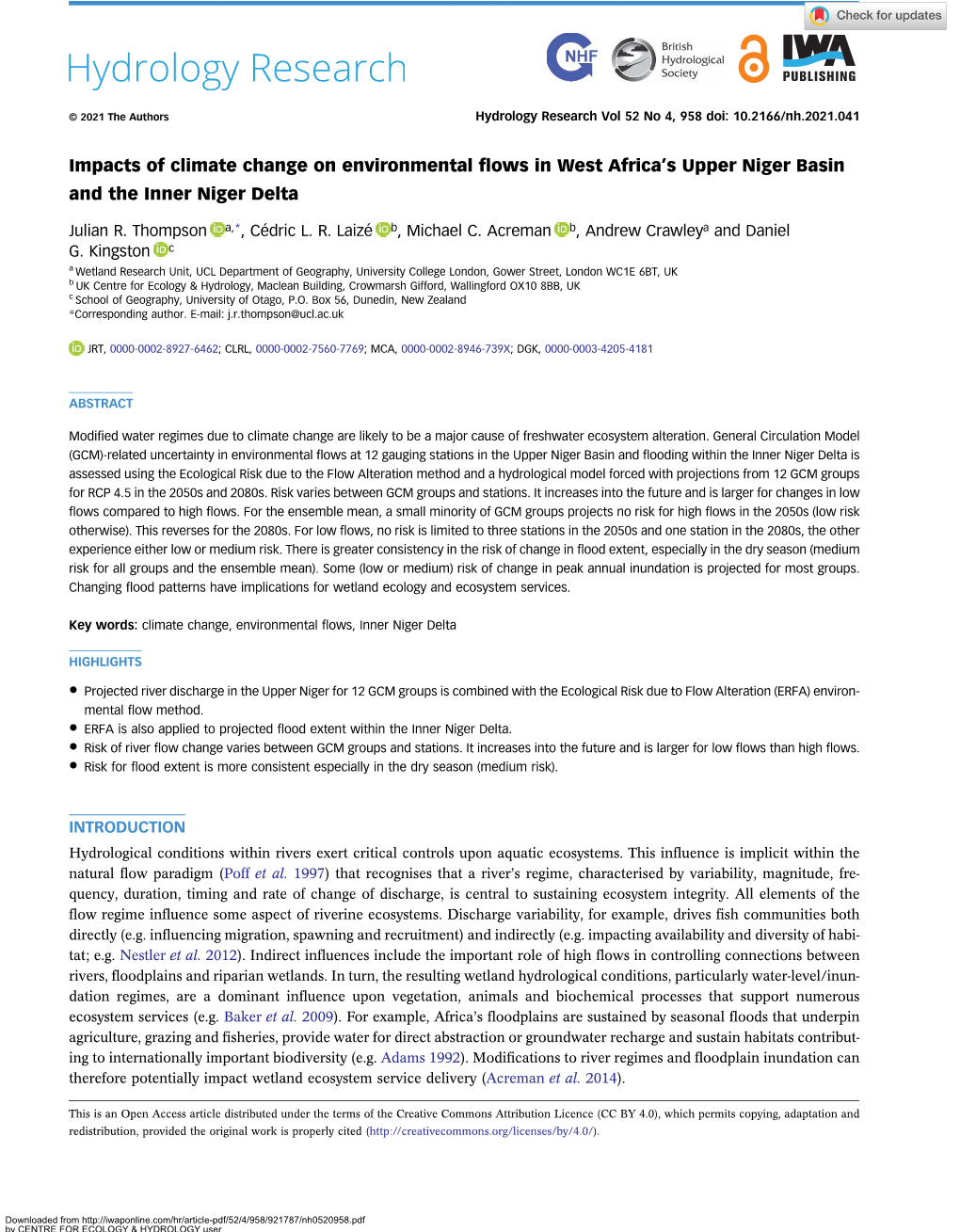 Impacts of Climate Change on Environmental Flows in West