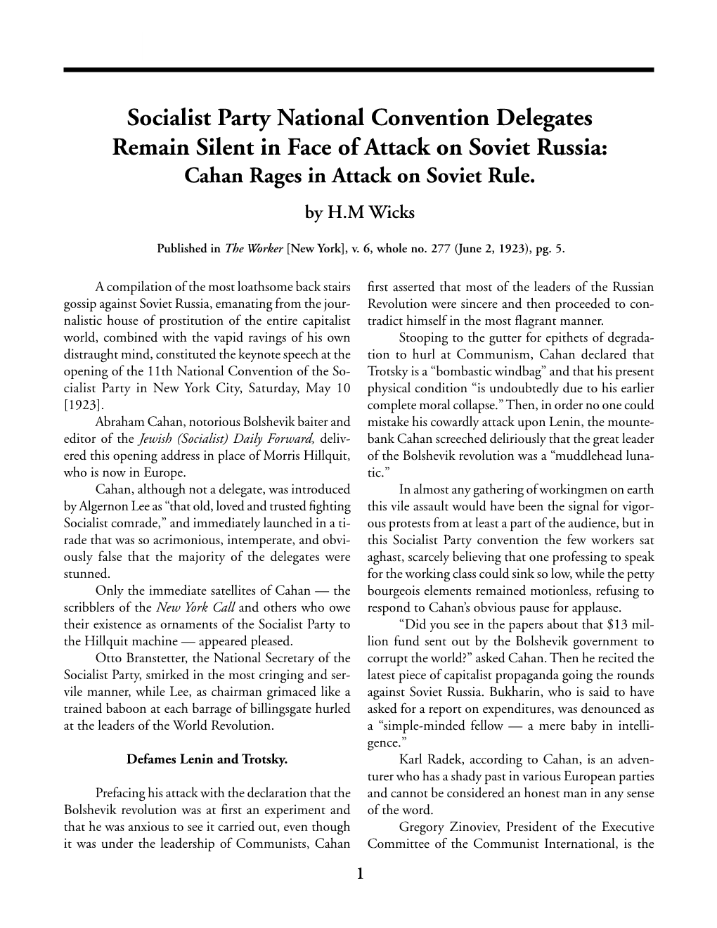 Socialist Party National Convention Delegates Remain Silent in Face of Attack on Soviet Russia: Cahan Rages in Attack on Soviet Rule